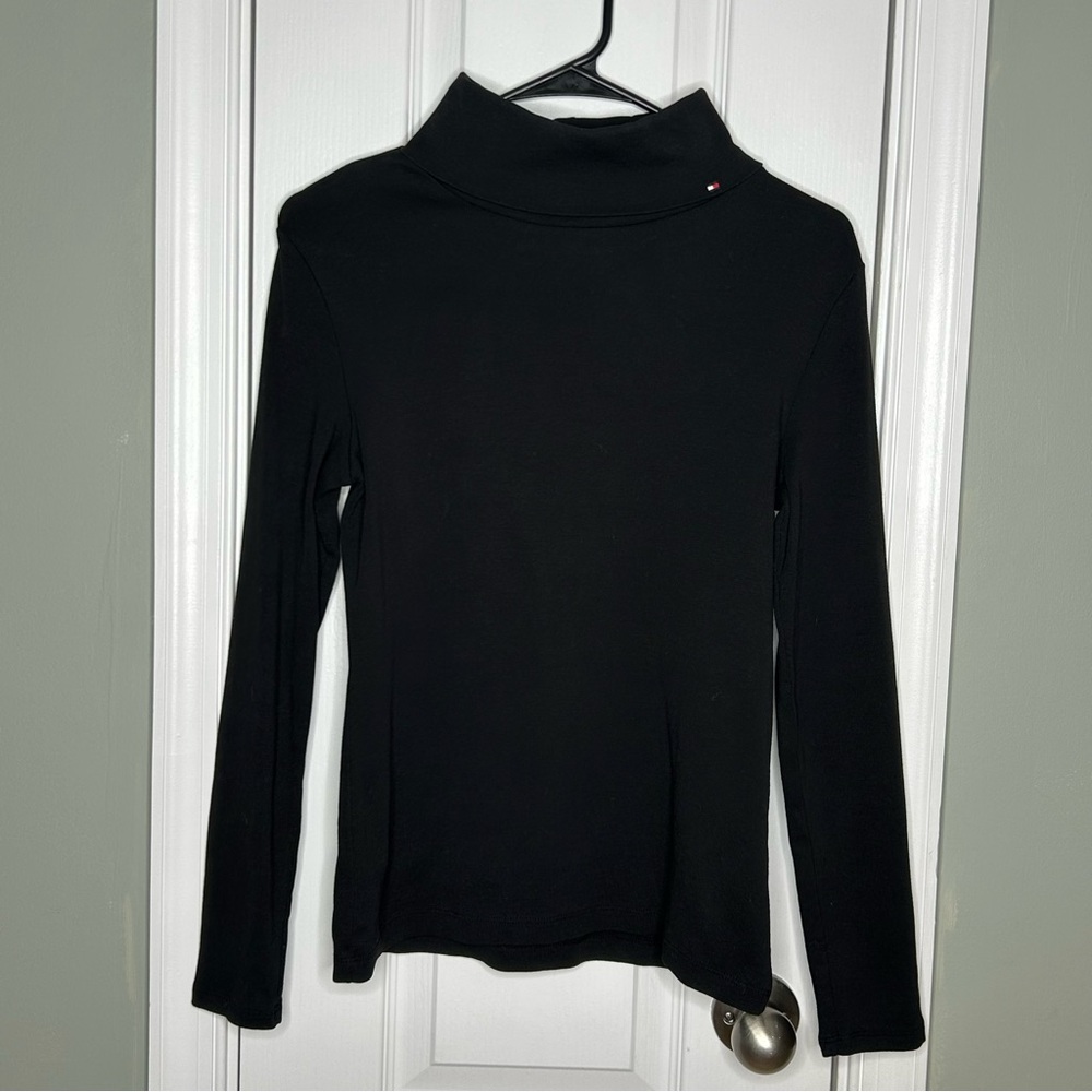 Tommy Hilfiger Black Mock Neck Long Sleeve Top 100% Cotton Classic Logo Detail